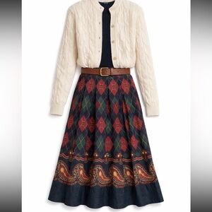 Vintage 80s Koret argyle Crest paisley Acadamia Pleated midi skirt Sz 16 western